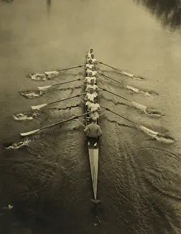 15 25 Years Old Prints: Elevated view of Cambridge Crew rowing, c. 1910-1915. Unknown location (BSLOC_2018_4_192)