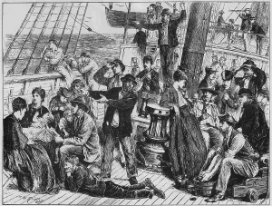 Steamers Prints: Emigrants on the open deck of an immigrant steamship to Canada