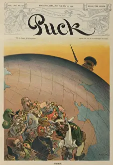 Russian Prints: Emperor Mutsuhito of Japan, peering over the Earth from the east toward Europe