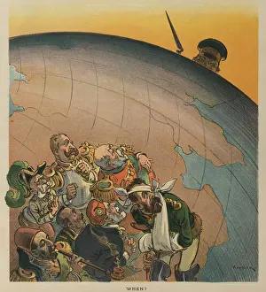 Japan Prints: Emperor Mutsuhito of Japan, peering over the Earth from the east toward Europe