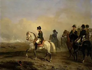 Emperor Napoleon I and his Staff on Horseback, Horace Vernet, c. 1815-50, French oil painting. In the distance is the smoke from a battle of the Napoleonic Wars (BSLOC_2016_2_213)