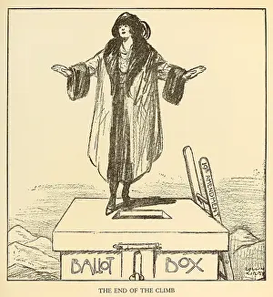 19th Amendment Prints: END OF THE CLIMB. Political cartoon celebrating women's suffrage
