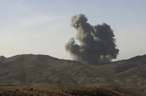 Images Dated 16th March 2011: An enemy position in Afghanistan's Gardez Valley is destroyed by smart bombs dropped by B-52 bombers attacking