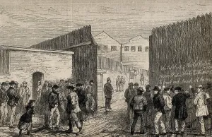 Social Movement Prints: England (19th c.). Unemployed men of London doing a painting at the entrance of the 'West India Docks'