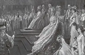 England. Coronation of George V. The Kings on their thrones after the ceremony of coronation. Illustration by D. MacPherson. 1911.. Engraving