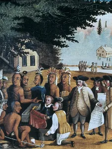 Plumage Prints: English settlers dealing with Indian people ('redskins')
