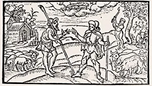 Woodcut Prints: English shepherd of 16th c. Xylography. AISA/Everett Collection**US SALES ONLY**