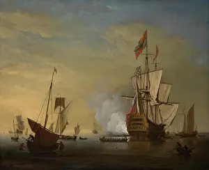 Coast Prints: ENGLISH SHIP WITH SAILS LOOSENED FIRING A GUN