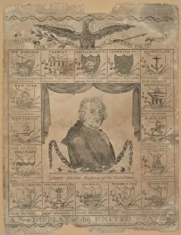 Images Dated 29th July 2009: Engraving by Amos Doolittle, with a portrait of President John Adams and the coat of arms of each of the sixteen states