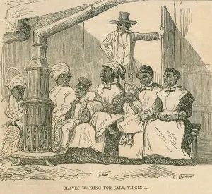 Richmond Prints: Enslaved African American women with their children gather sit near a stove as they await being auctioned in Richmond