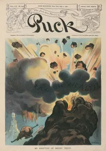 Income Taxes Prints: ERUPTION OF MOUNT TEDDY a 1906 cartoon of Theodore Roosevelt as a volcano spewing a dark cloud labeled Tax on Wealth