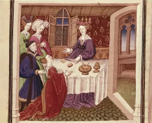 ESPINQUES, Everard de (15th c.). Romance of Tristan and Iseult. s.XV. Isolde imploring to Queen Guinevere for protection. Gothic art. Miniature Painting. FRANCE. Chantilly