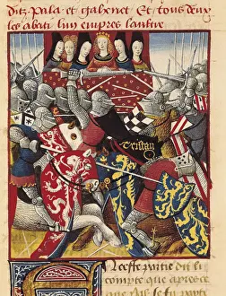 ESPINQUES, Everard de (15th c.). Romance of Tristan and Iseult. s.XV. Tournament at the Virgin's castle, Tristan against king Arthur. Gothic art. Miniature Painting. FRANCE