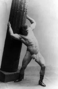 Pillar Prints: Eugen Sandow (1867-1925) strong man and body builder wearing fig leaf and holding pillar
