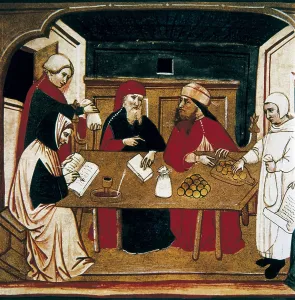 Miniatures Prints: Europe (15th c.). Merchants stipulating a contract