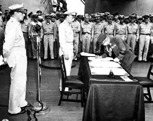 Catalog Images Prints: EV1943 - General Yoshira Umez signs surrender of the Japanese Imperial army during ceremonies on the USS Missouri