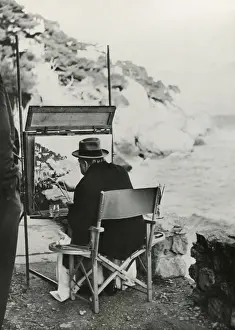 Lcgr1501 Prints: Ex-Prime Minister Winston Churchill painting on the French Riviera near Monte Carlo