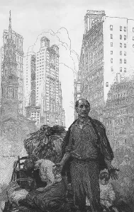 Sewing Prints: Expressive engraving depicting an sorrowful immigrant father