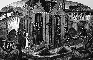 Patients Prints: Exterior of Hotel-Dieu, Paris, with nuns at the doors, receiving a patient on a stretcher