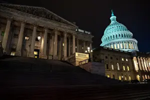Nighttime Prints: The exterior of House Chamber of the US Capitol where President Joe Biden's delivered the State Union address Feb