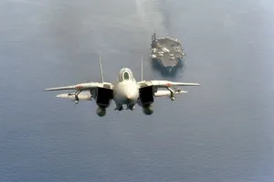 1980s Prints: F-14 Tomcat fighter just after take-off from the aircraft carrier USS AMERICA is armed with missiles mounted on wing