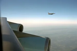 Lcgr1507 Prints: An F-16 escorting Air Force One from Offutt Air Force Base in Neb