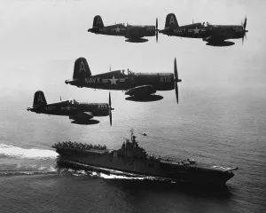 Korea Prints: F4U's (Corsairs) returning from a combat mission over North Korea to the USS Boxer