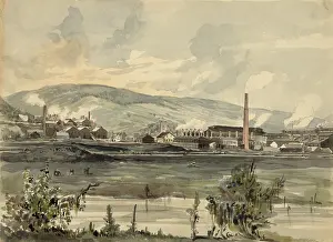 Industrial Revolution Prints: Factory on a river in Pennsylvania. 1857 watercolor by James Fuller Queen