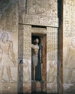 False door of the mastaba of Shesi. 2414 -2375 BC. Eighth Pharaoh, 5th Dynasty. Egyptian art. Old Kingdom. Sculpture. EGYPT. Cairo. Egyptian Museum. Proc: EGYPT. Saqqara