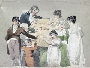 Cravat Prints: Family group - Smith, his wife and six children pointing at examples of their work