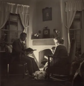 Curtains Prints: Family reads at the fireside. 1935
