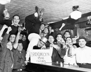 Cheers Prints: Fans cheer a Brooklyn Dodgers Pennant Victory in a bar on Withers Street