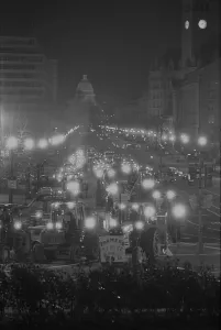 Protesters Prints: Farmers driving tractors down Pennsylvania Avenue as part of a night time American Agriculture Movement protest for