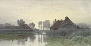 Brush Prints: Farmers Homes on the Water in Morning Mist