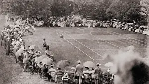 Tennis Prints: Fashionable spectators are seated around at grass tennis court at the Casino in Newport