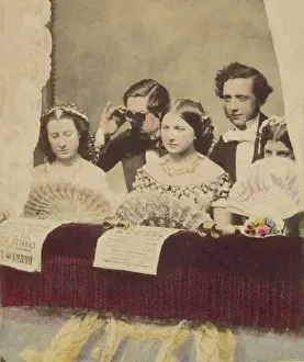 Fans Prints: Three fashionable young women and two men in a private box of a theater
