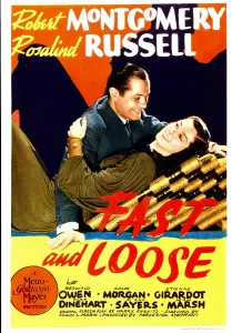 Shadow Prints: FAST AND LOOSE, from left: Robert Montgomery, Rosalind Russell on midget window card, 1939
