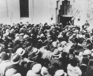 Csubeta Prints: Father Coughlin (arrow) addressing crowd at Shrine of the Little Flower