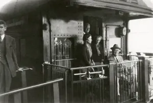 Friends Prints: FDR and party aboard the rear platform of the President's special train. April 1943