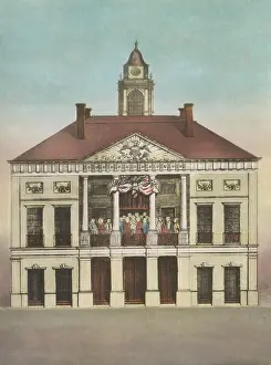 Federal Hall, New York, New York, with a group on the balcony representing George Washington's 1789
