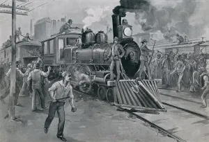Federal troops guard a train against strikers during the Pullman Strike. July 1894