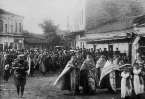 Christians Prints: Ferdinand I, Czar of Bulgaria, marches with religious and military figures in Mustapha Pasha