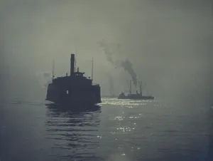 Harbors Prints: A ferry crossing a smooth body of water with ships in the background