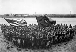 December Prints: Fierce U.S. Marines. They pose in a tight formation on an American base during training in World War I