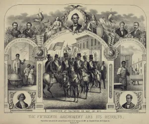 Suffrage Prints: The Fifteenth Amendment banning voting discrimination was celebrated in this 1870 print