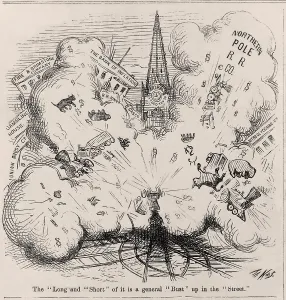 Stock Market Prints: Financial Panic of 1873. Thomas Nast cartoon showing an explosion blowing up Northern Pole R