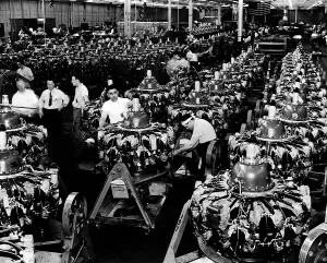 Factory Prints: Finished engines of B-24 Liberator Bombers on the assembly floor of a Buick plant