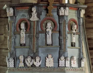 April Prints: FINLAND. Petjvesi. Church. Pulpit with wood figures of angels and saints (18th c)