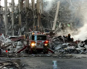 2000s Prints: Fire engine by the ruins of the South Tower on Sept 16