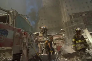 Skyscraper Prints: Fire fighters amid debris following September 11th terrorist attack on World Trade Center